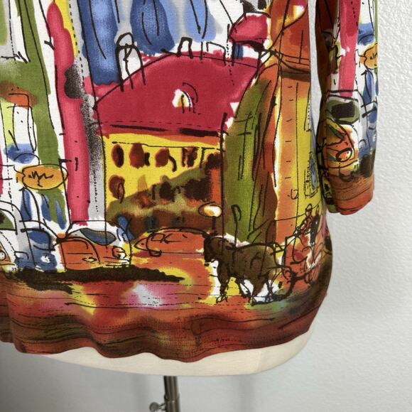 Michael Leu Top Women 2X Watercolor Colorful Cityscape Statement Artsy Vacation - Picture 10 of 13